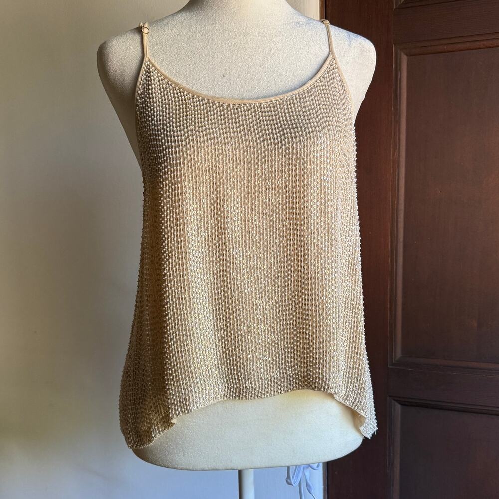 MLV MAYREN LEE VIRAY | Nude Beaded Sequin Drapey Fit Tank Top | Medium